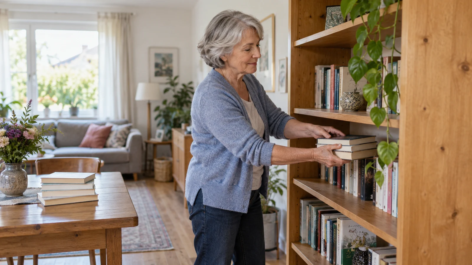 Passendes Bild zum Beitrag Bücherregal ordnen ab 60: Griffhöhe, kleine Stapel und freie Wege