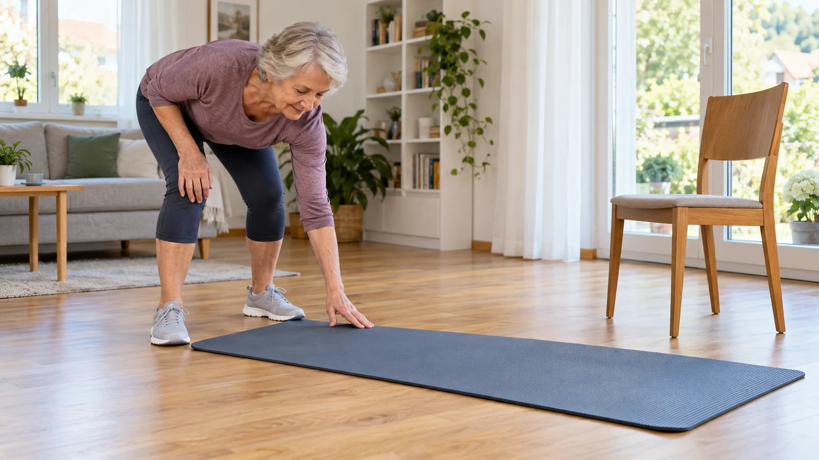 Passendes Bild zum Beitrag Fitnessmatte ab 60: Rutschfestigkeit, Platz und Aufstehen gut vorbereiten