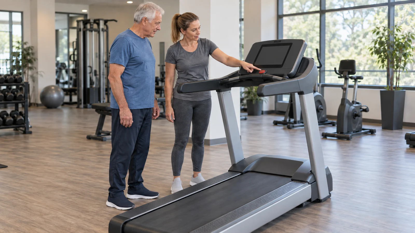 Passendes Bild zum Beitrag Laufband im Fitnessstudio ab 60: Bedienung kennenlernen, ruhig starten und sicher stoppen