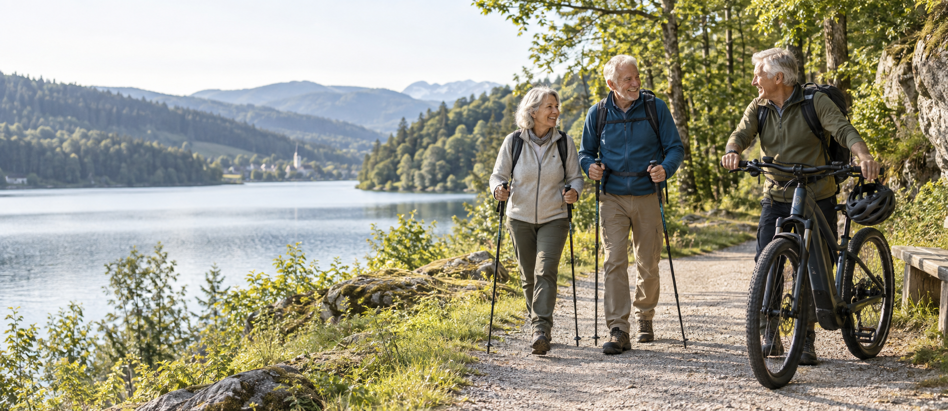 Drei aktive Menschen über 60 beim Wandern und mit einem E-Bike an einem See