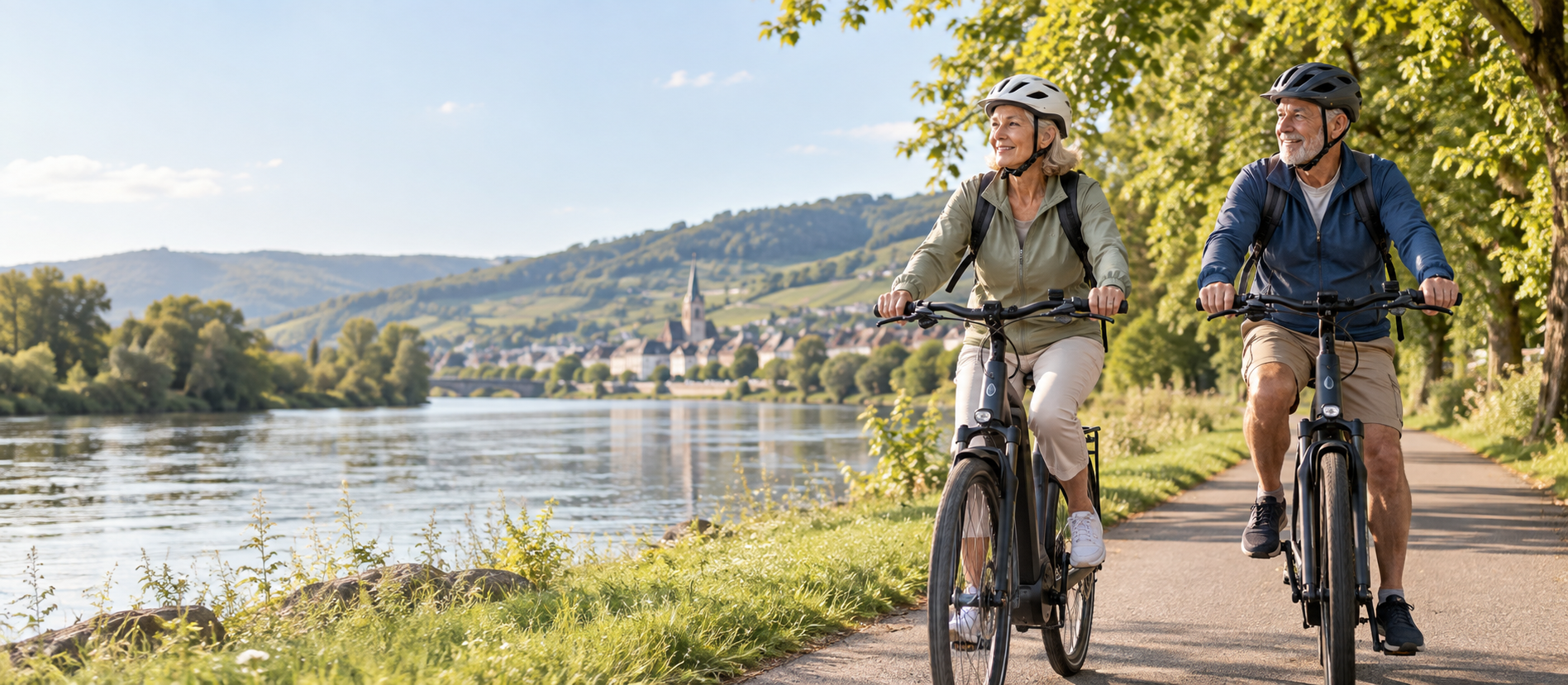 Ein aktives Paar über 60 mit E-Bikes auf einer entspannten Radtour