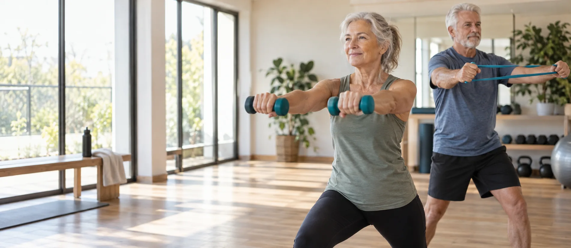 Ein Paar über 60 beim gemeinsamen Fitness- und Krafttraining