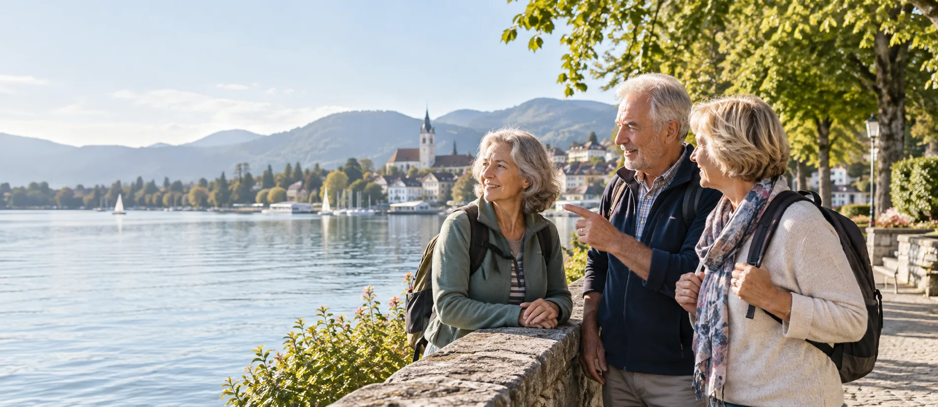 Freunde über 60 bei einem entspannten aktiven Ausflug an einen See