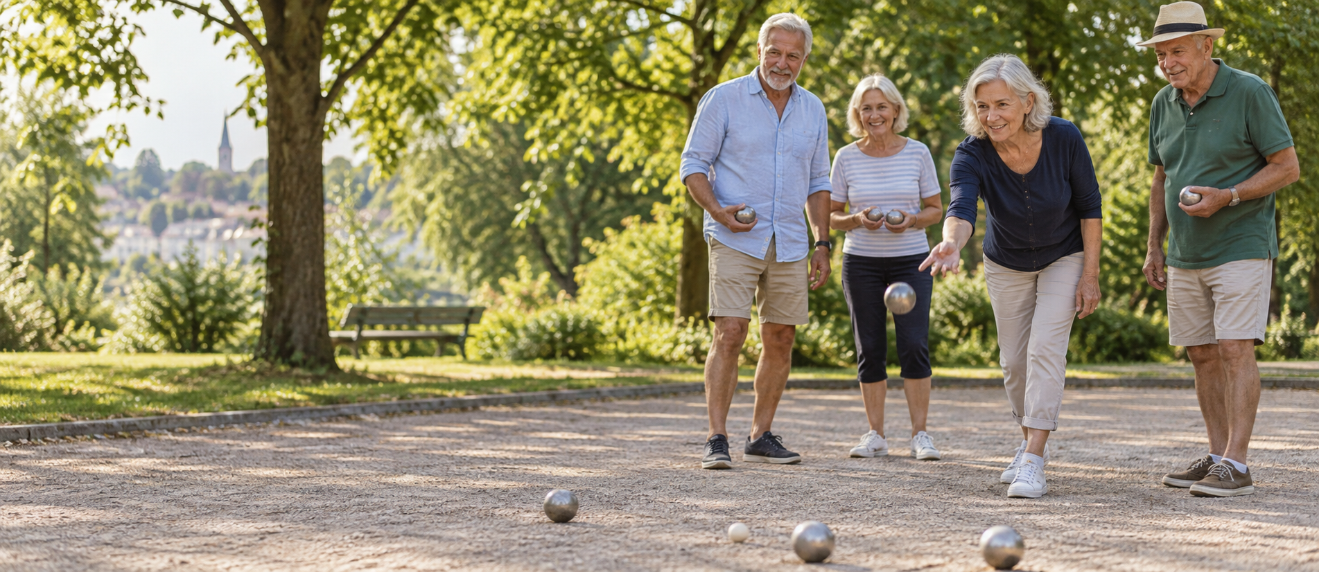 Aktive Menschen über 60 beim gemeinsamen Boulespielen im Park